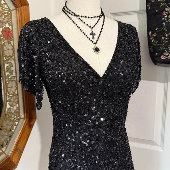 VTG 90s Adrianna Papell Black Silk Beaded Sequin Glitzy Glam Flutter Sleeve Top - Picture 2 of 8